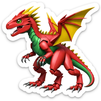 Cool Edgy Green Red Yellow Digimon-Fakemon-Guilmon-Velociraptor-Dragon-Mecha full body sticker