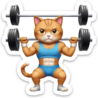 A muscular cartoon cat lifting a barbell in a gym, wearing a sweatband, with determined expression, surrounded by gym equipment, vibrant and dynamic, emoji style. sticker