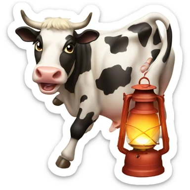 Cow kicking over a lantern staring a fire sticker