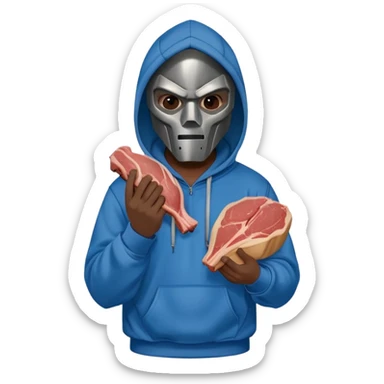 MF DOOM in a blue hoodie holding a piece of meat sticker