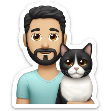 a spanish guy with a black earing and black short hair and black beard and holding a white Siberian cat sticker