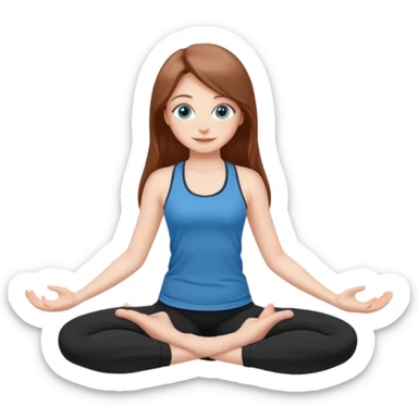 A girl with fair skin and a natural blush. Eyes are large, expressive, blue. Hair is long, straight, chestnut-colored. The smile is soft, friendly, in a black top and leggings in a different yoga pose sticker