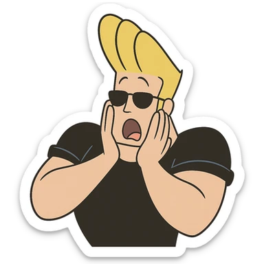 johnny bravo cartoon character, surprised expression, hands on cheeks, cartoon style sticker