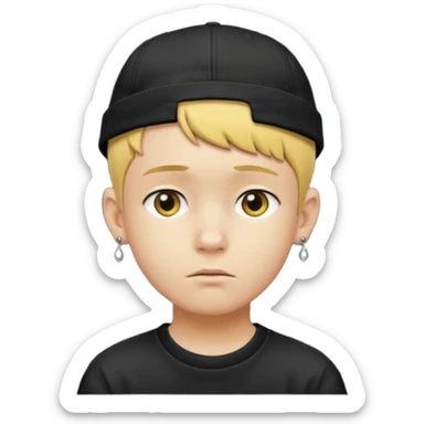 Create me an emoji like that, sad, with earrings, a black cap backwards, yellow skin like an emoji, and short hair down to the nape of my neck. Let it be a boy sticker