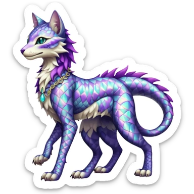 Kawaii iridescent beautiful pretty elegant divine edgy fantasy feline-vernid-sergal-fursona-animal-creature with accessories, full body with intricate pattern-markings  sticker