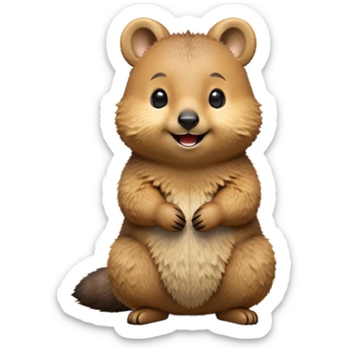 cinematic-quokka-realistic-full-body-standing-emoji,-small-round-frame-balanced-on-tiny-strong-hind-legs,giant fluffy cheeks large smile-fluffy-brown-fur-radiating-a-warm-softness,-big-round-eyes-filled-with-joy-and-innocence,-tiny-clawed-paws-held-close-to-chest,-cheerful-smile-exuding-endearing-happiness,-simplified-yet-realistic-focused-features,-highly-detailed,-glowing-with-a-sunny-warmth sticker