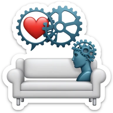 An icon featuring a human head silhouette with gears and a heart inside, symbolizing psychology. The design includes a therapy couch and a speech bubble, representing mental health and communication. Transparent background highlights the study of the human mind and behavior. sticker