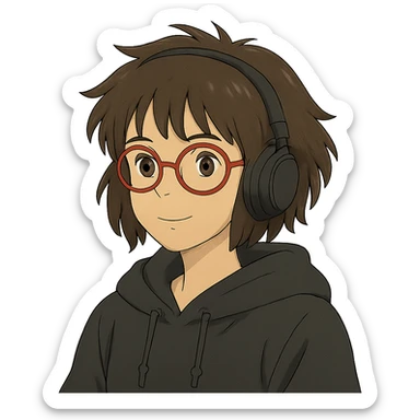 ghibli style tan brunette girl with a short wolf haircut, round ruby glasses, black headphones, and a black hoodie sticker