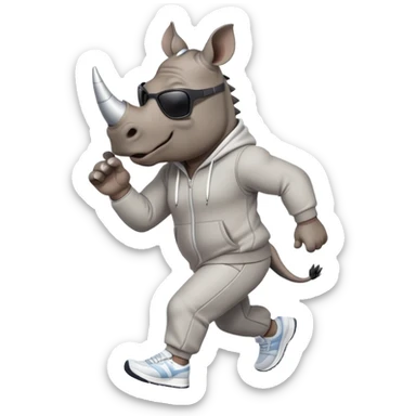 friendly anthropomorphised rhino jogging upright, wearing a sporty tracksuit and sneakers, dark sunglasses, standard pose sticker