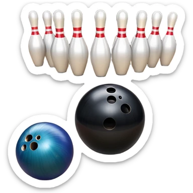 A bowling ball rolling down the lane towards a set of pins, with the pins poised to fall. The scene is set in a bowling alley with bright lights and a polished wooden floor, capturing the excitement and precision of the sport. sticker