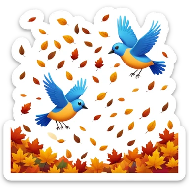 birds flying away in autumn with colorful fall leaves, simple and expressive sticker