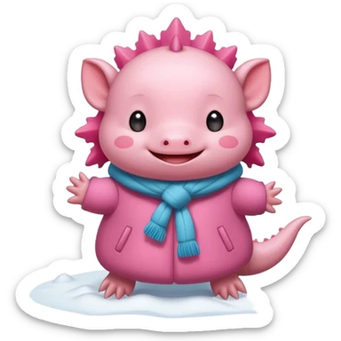 Axolotl playing in snow with winter clothes. sticker
