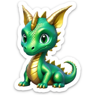 Cinematic Cute Dragon Portrait Emoji, Head tilted playfully and inquisitively, featuring a sleek, serpentine form adorned with iridescent scales that shift between emerald and gold, a delicate set of subtle horns, and round, sparkling eyes full of curious magic; rendered with realistic detail and warm natural light, high shine, affectionate and enchanting, styled with a touch of whimsical fantasy, soft glowing outline, capturing the essence of a mischievous yet lovable dragon that seems poised to slither playfully into your arms! sticker