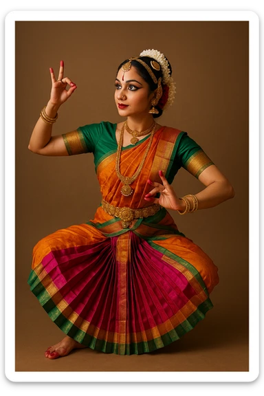 Bharatanatyam dancer, traditional Indian classical dance pose, ornate costume, jewelry, expressive hand gestures, vibrant colors sticker