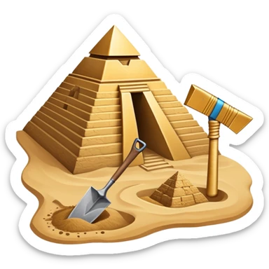An icon showing archaeological tools like a trowel, brush, and pickaxe placed on sandy ground, with an Egyptian pyramid in the background. The design symbolizes excavation and discovery of ancient history, blending tools and iconic landmarks. Transparent background. sticker