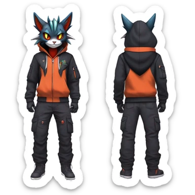 Cool Anthro Noivern-Litten-Vampiric-Pokémon with edgy stripes hoodie spiked collar punk techwear Cargo Pants Full Body sticker