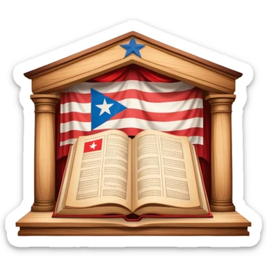 Timeless open book with visible pages of hand-drawn theater backdrop sketches, stage layouts and set designs, Puerto Rican flag motifs integrated throughout, wooden cover with theater symbols, warm light sticker