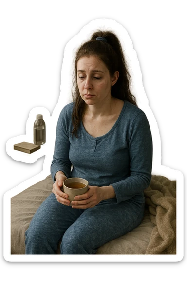 A realistic, cinematic illustration of a woman in her early 30s with a tired, pale appearance, sitting on the edge of her bed in a softly lit bedroom during the morning, looking exhausted and drained. Her posture is slightly slouched, and dark circles are visible under her eyes. She wears comfortable loungewear, holding a warm cup of herbal tea in her hands, seeking comfort. The scene includes a cozy yet slightly messy room with a blanket, a water bottle, and a book on the nightstand, emphasizing chronic fatigue. Soft natural light comes through the window, highlighting her expression of persistent tiredness despite rest, capturing the invisible struggle of chronic fatigue syndrome while maintaining dignity and a gentle aesthetic. sticker