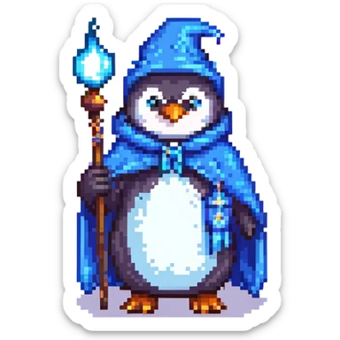 pixel art penguin wizard holding a wand, blue cloak, magical effects sticker