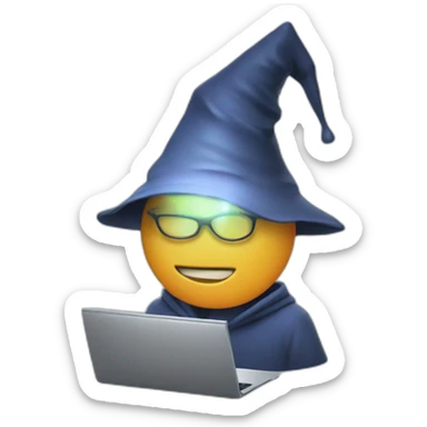 human with dunce cap with glowing letters using a computer sticker