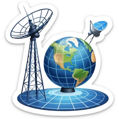 An icon featuring a satellite dish, cell tower with signal waves, and an earth, connected by lines, symbolizing telecommunications. The design includes data signals, network nodes, and a mobile device, representing global digital communication. Transparent background sticker