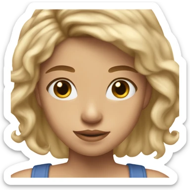 teenage girl wearing a blue square neck top. she has light tan skin, dirty blonde hair whit highlights, and two ear piercings. One’s a stud and one’s a big hoop sticker