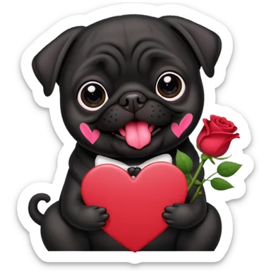 black pug holding valentine’s day card and flowers sticker