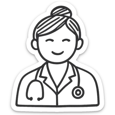 Female doctor with a different hairstyle, flat icon style, minimal details, wearing a white coat and stethoscope. Simplified and minimalistic flat icon style. sticker