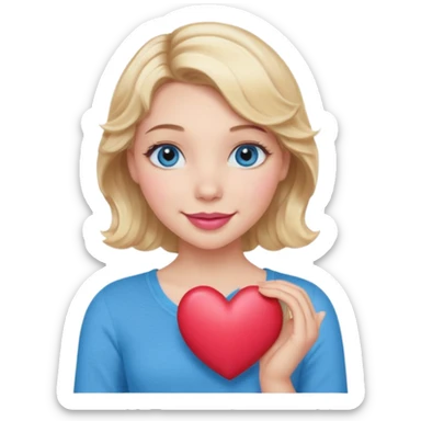 Girl Blonde short wavy hair,  blue eyes, cute blue top, long lashes, pink lips, smiling, holding a big heart sticker