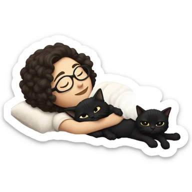 Pale white young woman with short dark curly hair with glasses cuddling, sleeping in bed with black cat sticker
