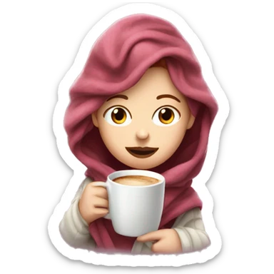 White girl with wavy pink and burgundy hair drinking coffee in a blanket sticker