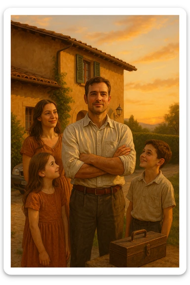 Uomo tra i 35 e i 45 anni, in piedi con postura fiera davanti alla sua casa, circondato dalla famiglia: moglie e figli lo guardano con rispetto e affetto. Indossa abiti semplici ma ordinati, simbolo di lavoro e stabilità (camicia, pantaloni, magari una cassetta degli attrezzi o una valigetta vicino). Sullo sfondo elementi che richiamano i suoi ruoli: casa ordinata, auto familiare, strumenti di lavoro, simboli di protezione e presenza. Espressione serena, forte ma accogliente. Colori caldi, luce naturale del tramonto. Stile realistico, atmosfera rassicurante e simbolica in italia, immagine realistica sticker