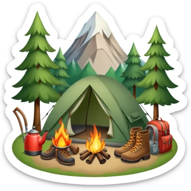 Icon for Hiking: a pair of hiking boots, a backpack, a walking stick, a tent, and a kettle over a campfire, surrounded by trees and a mountain trail. The icon should capture the adventure and warmth of camping. Transparent background. sticker
