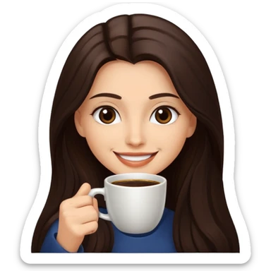 Straight Dark Brown long haired sexy woman smiling with dark brown eyes with cup of coffee sticker