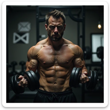 realistic, dramatic lighting; muscular man in gym, lifting dumbbells, tense and tired face, sweat, eyes show emotional strain, background with faint stress symbols (emails, bills), gym equipment, expressive posture, surreal touch sticker