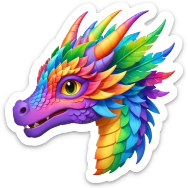 Glory the RainWing dragon's head with leafy frills and shifting rainbow colors, inspired by Wings of Fire, colorful emoji-style illustration sticker