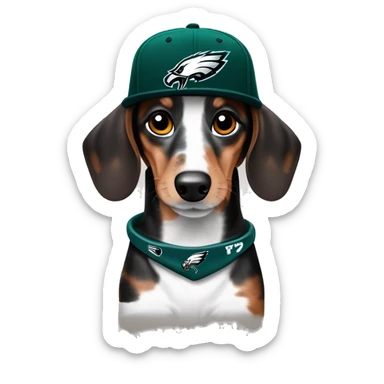 Miniature Merle Medium Light Tri Brown Spotted Dachshund wearing Philadelphia Eagles Hat with C on Jersey sticker