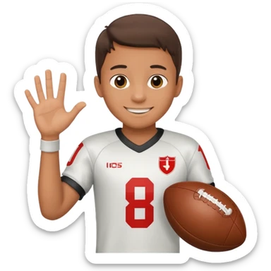 a boy having a football ball next to his hand wearing a football jersey sticker