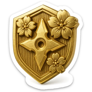 Japanese style badge in platinum color, traditional crest shape, sakura (cherry blossom) accents, chibi/anime-inspired playful vibe, ninja star accent, no text, sized for Twitch or Discord use, transparent background. sticker