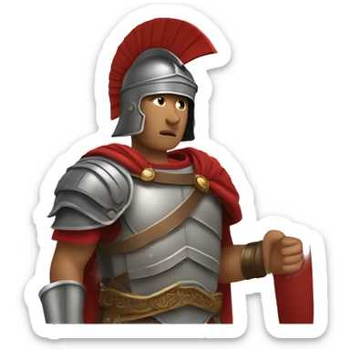 Create an image of an ancient Roman soldier in the style of Apple emoji. The soldier should be dressed in traditional Roman armor with a detailed helmet, a short cloak, and a shield. sticker