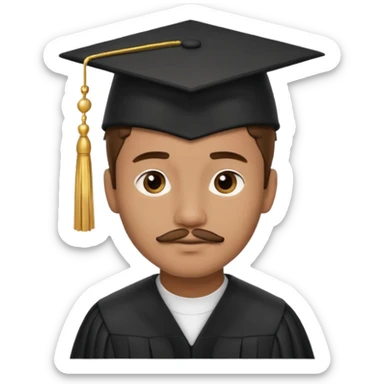 A young man with short brown hair, light brown skin, and a small mustache, wearing a black graduation cap with a gold tassel. sticker