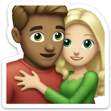 Brunette blue eyed man hugging a blonde green eyed woman at Christmas  sticker