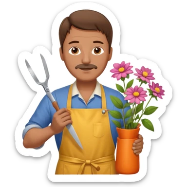 Middle-aged male florist – apron on, trimming stems with scissors sticker