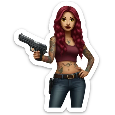 Beautiful tattooed burgundy long haired woman with a gun sticker