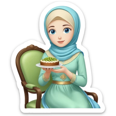 Turkish beautiful finish Konya girl blue eyes with pastel hijab long tail dress and sits on the chair and holds pistachios cake with her hand  sticker