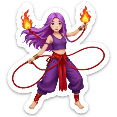 Fire rope poi dance, girl with long purple hair, red clothes sticker