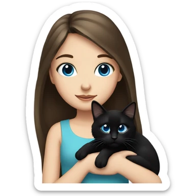 Long haired brunette blue eyed girl holding a black cat sticker