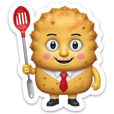 cute empanada emoji, golden brown with crimped edge, big sparkling eyes, two square teeth, blushing cheeks + freckles, red tie, holding spatula, short chubby arms and legs, thick black outline, SpongeBob + Adventure Time style, transparent background sticker