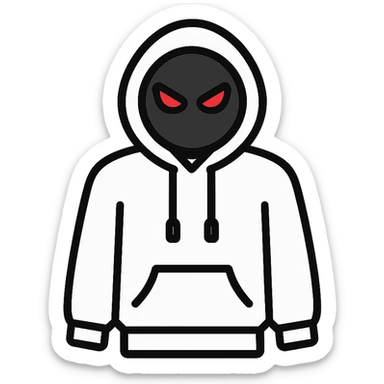 simple white hoodie, black face circle, only red angry eyes, flat icon style sticker