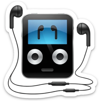 Futuristic iPod emoji with earphones, metallic black and white, smooth reflective surfaces, flat minimal vector design, clean UI style sticker